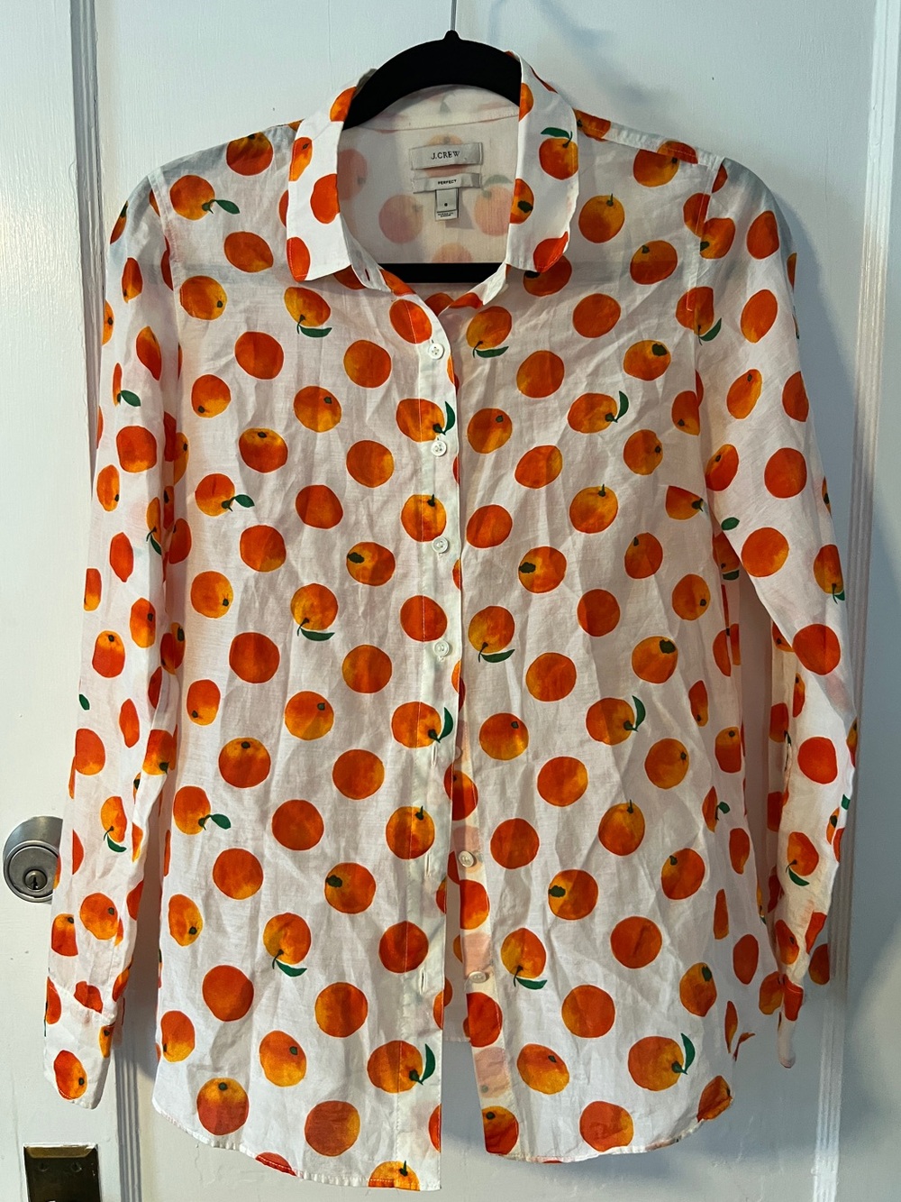 J.Crew Perfect Shirt Silk Cotton Citrus Orange Print Button Down Size 8 Sheer
